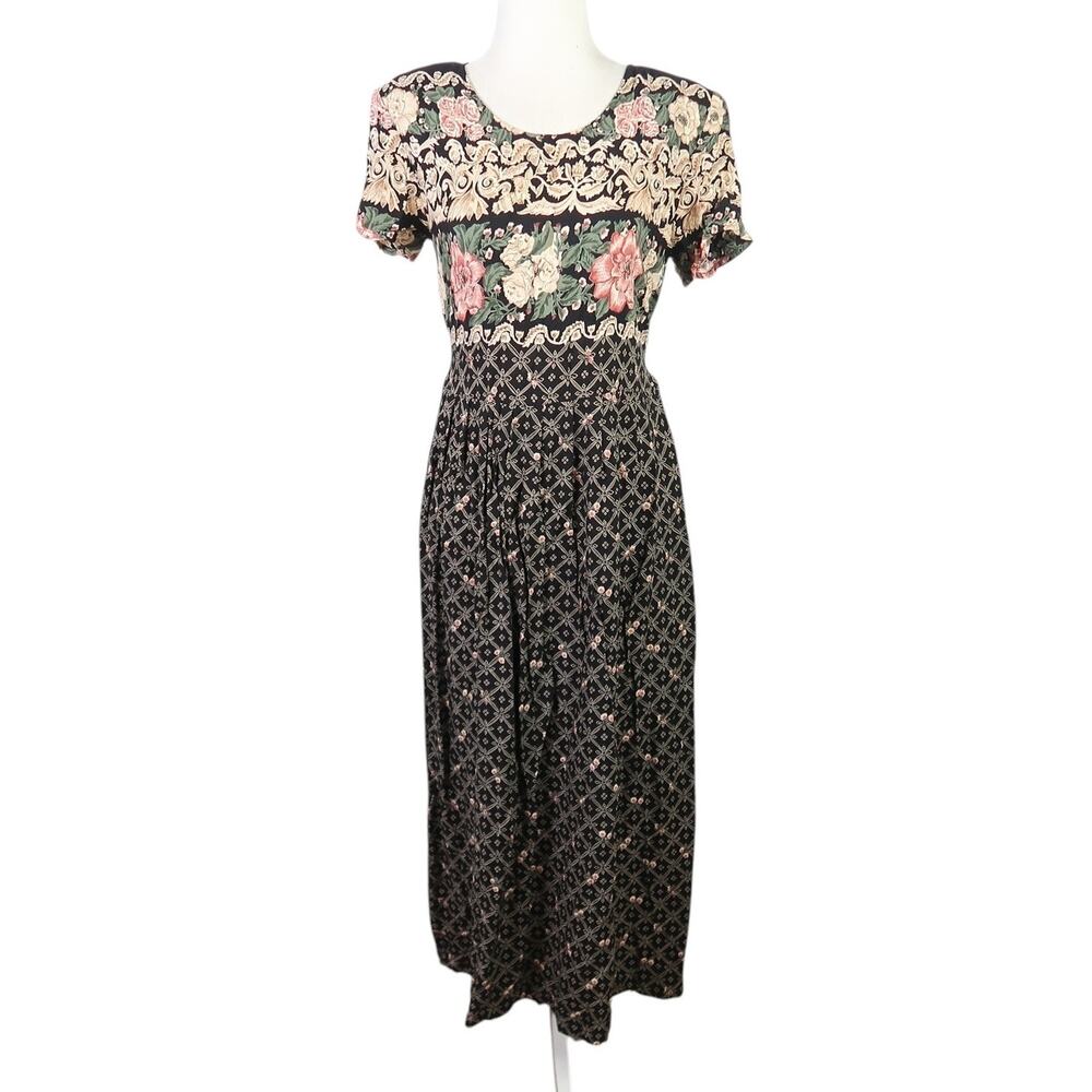 Vintage 90s black and tan mixed floral print flowy midi dress S